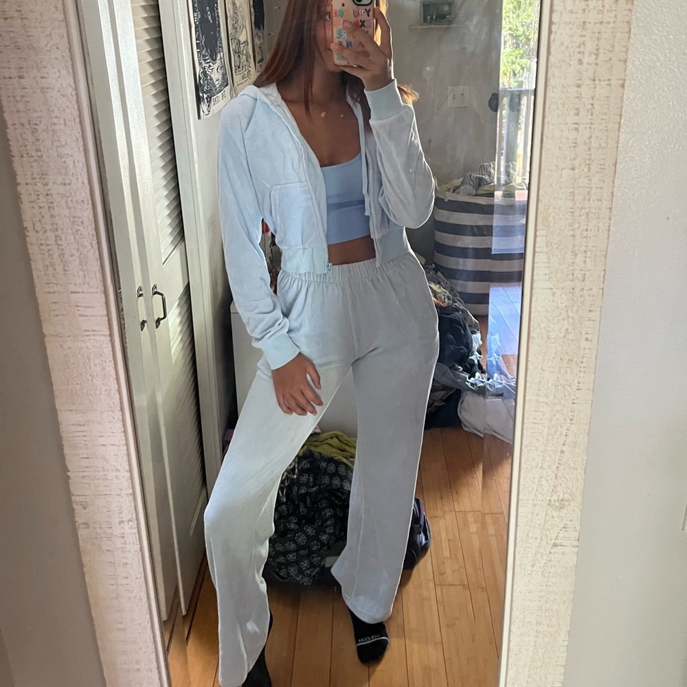 brandy melville light blue velvet track set